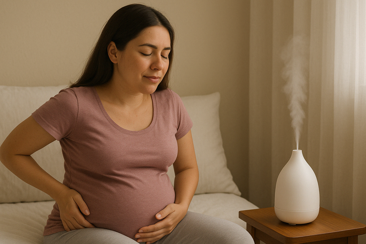 A pregnant woman in early labour sitting calmly on a bed with a diffuser beside her, creating a peaceful and supportive birthing space