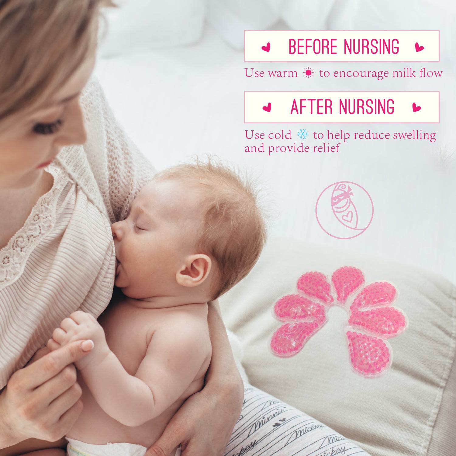 woman breast feeding with ninja mama breast therapy packs next to her with text over lay saying before nursing use warm to encourage let down and milk flow and use cold after nursing to help reduce swelling and provide relief