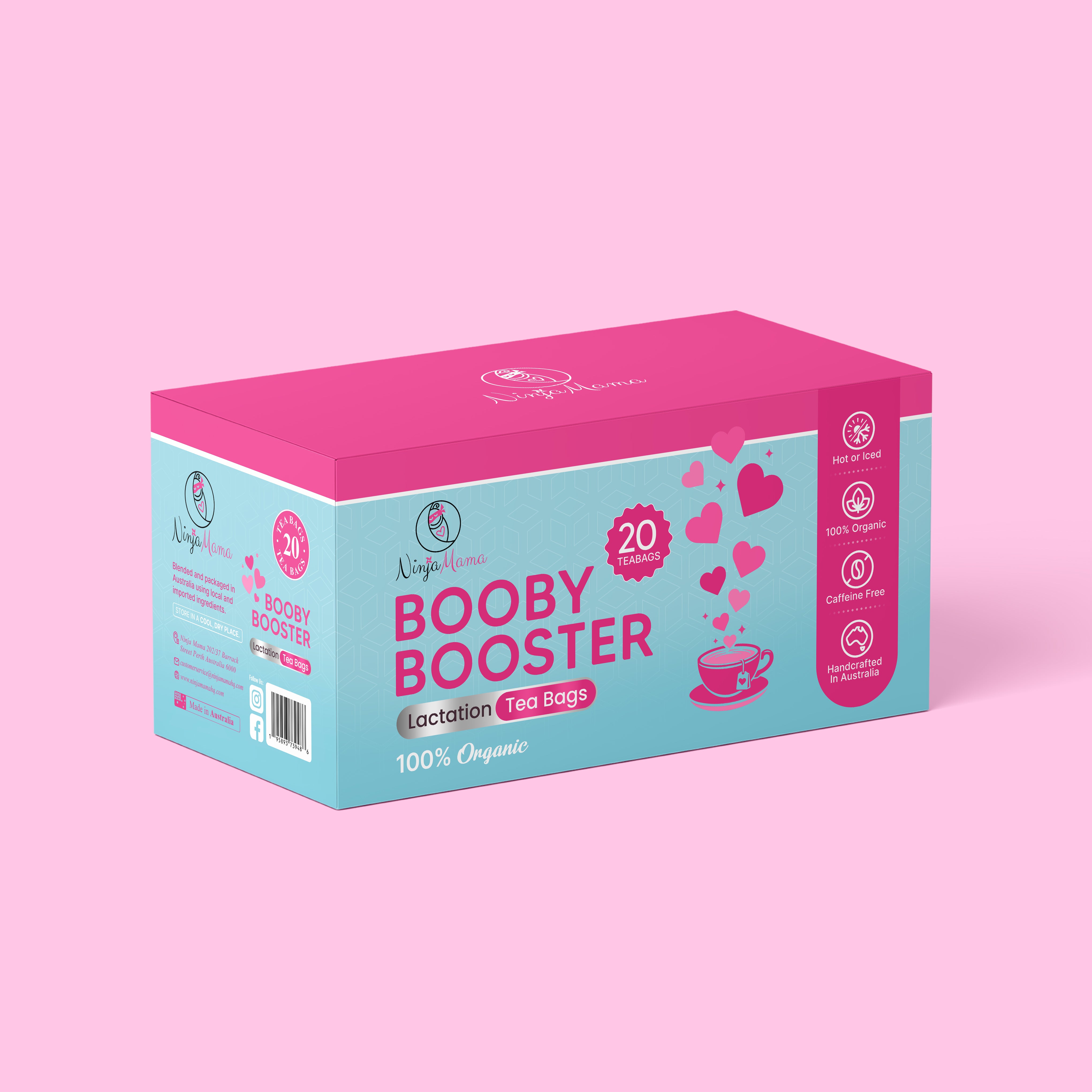 Box of Booby Booster Lactation Tea Bags on a pink background
