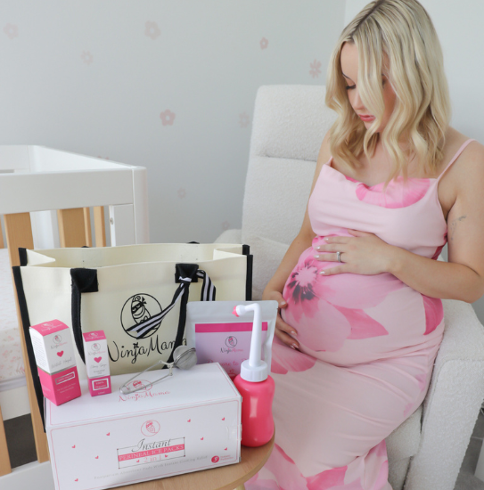 Expectant mother packing a hospital bag with postpartum recovery products and maternity essentials before giving birth.