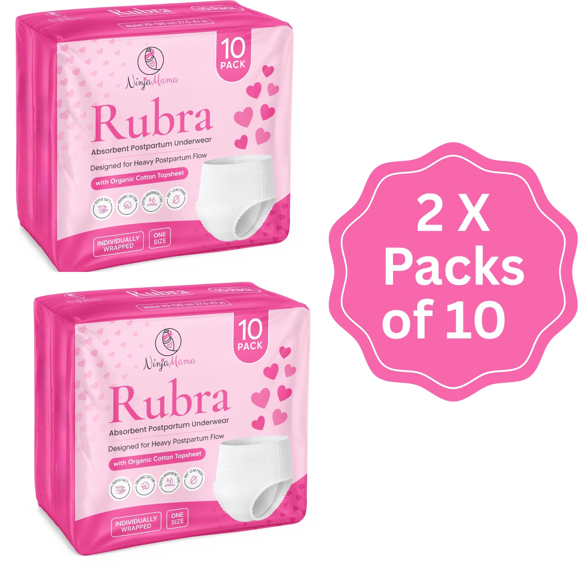 Two pink packages of Ninja Mama  Rubra absorbent postpartum underwear, each labelled 10 pack, with a pink badge on the right reading 2 X Packs of 10, on a white background.