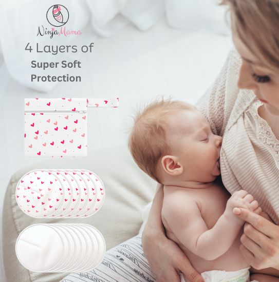 woman breastfeeding image of nursing pads and breast pad wet bag with pink hearts