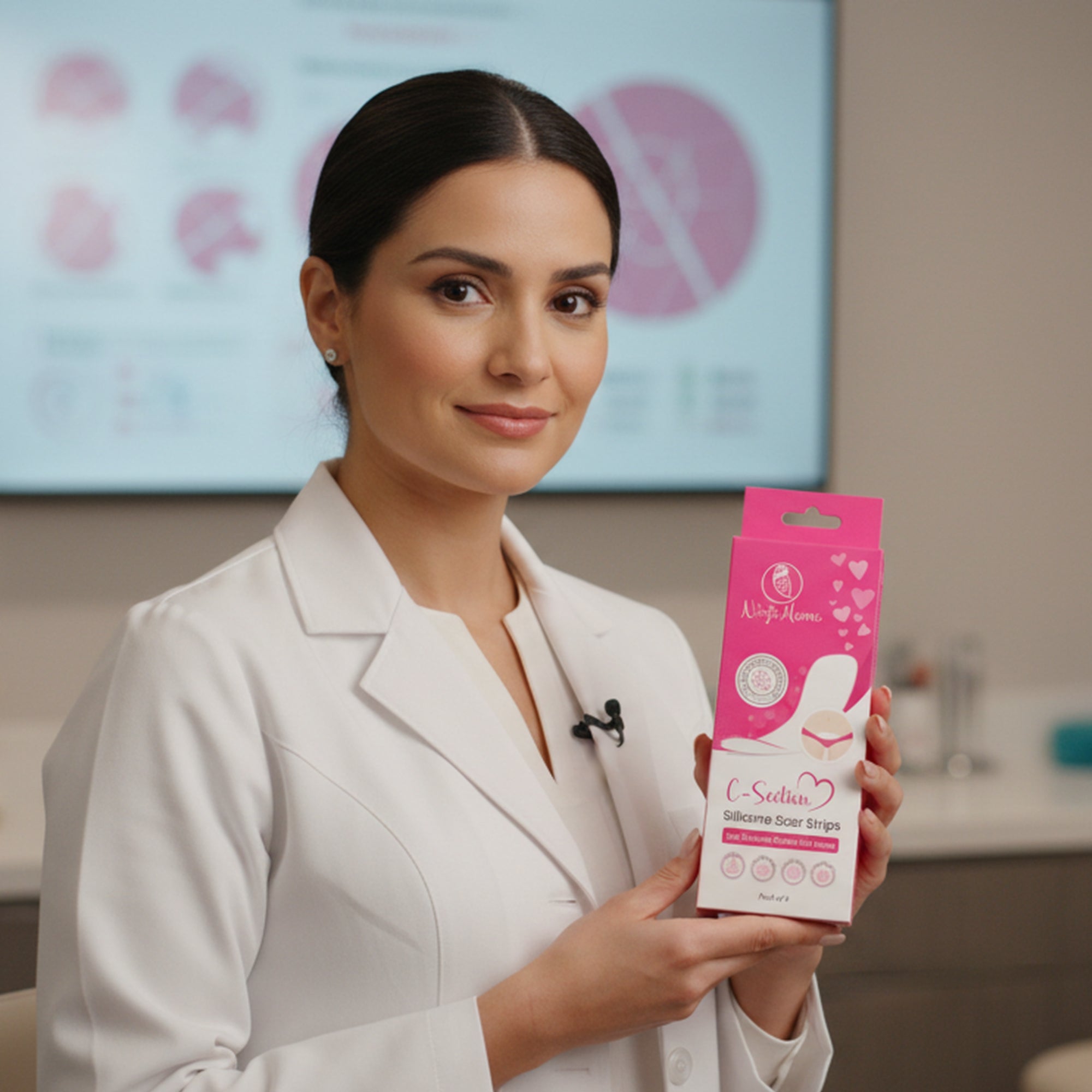 Woman in a white coat holding a pink box with ninja mama c-section silicone scar strips medical or scientific background