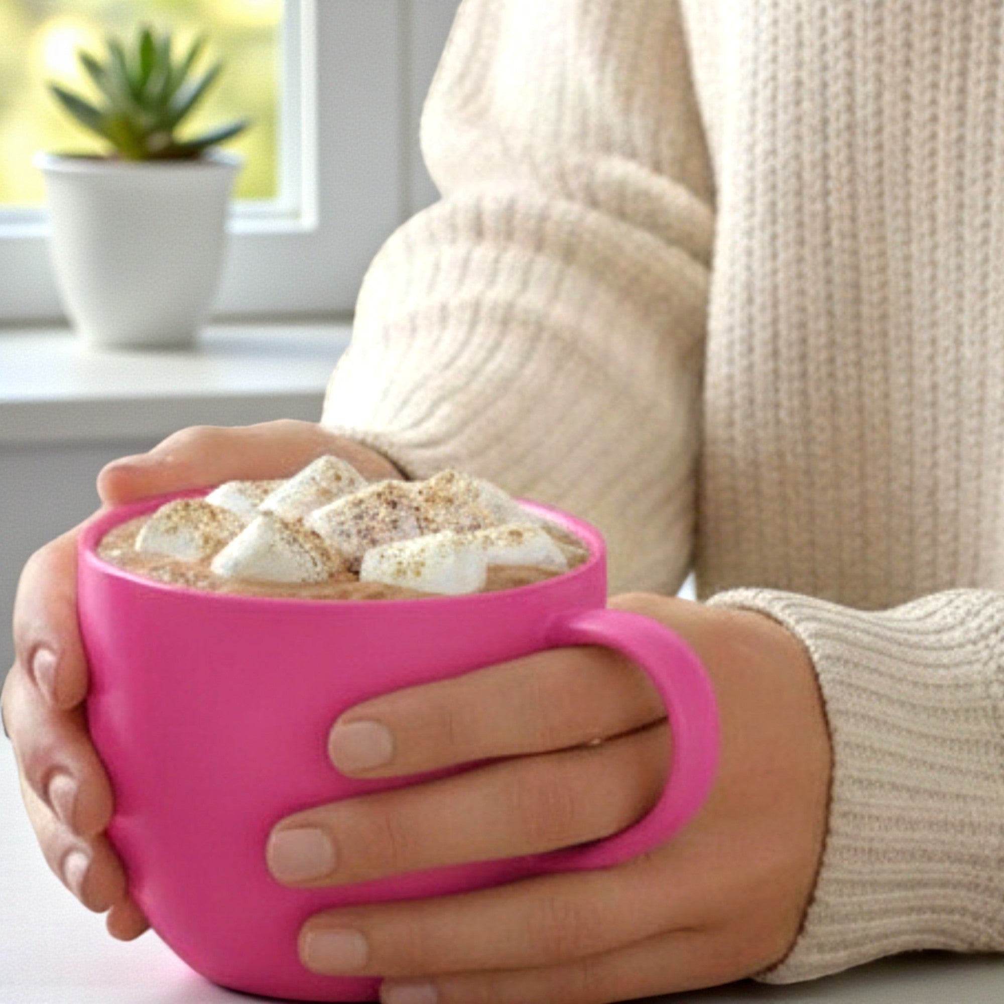 Woman with hot chocolate lactation drink with marshmallows
