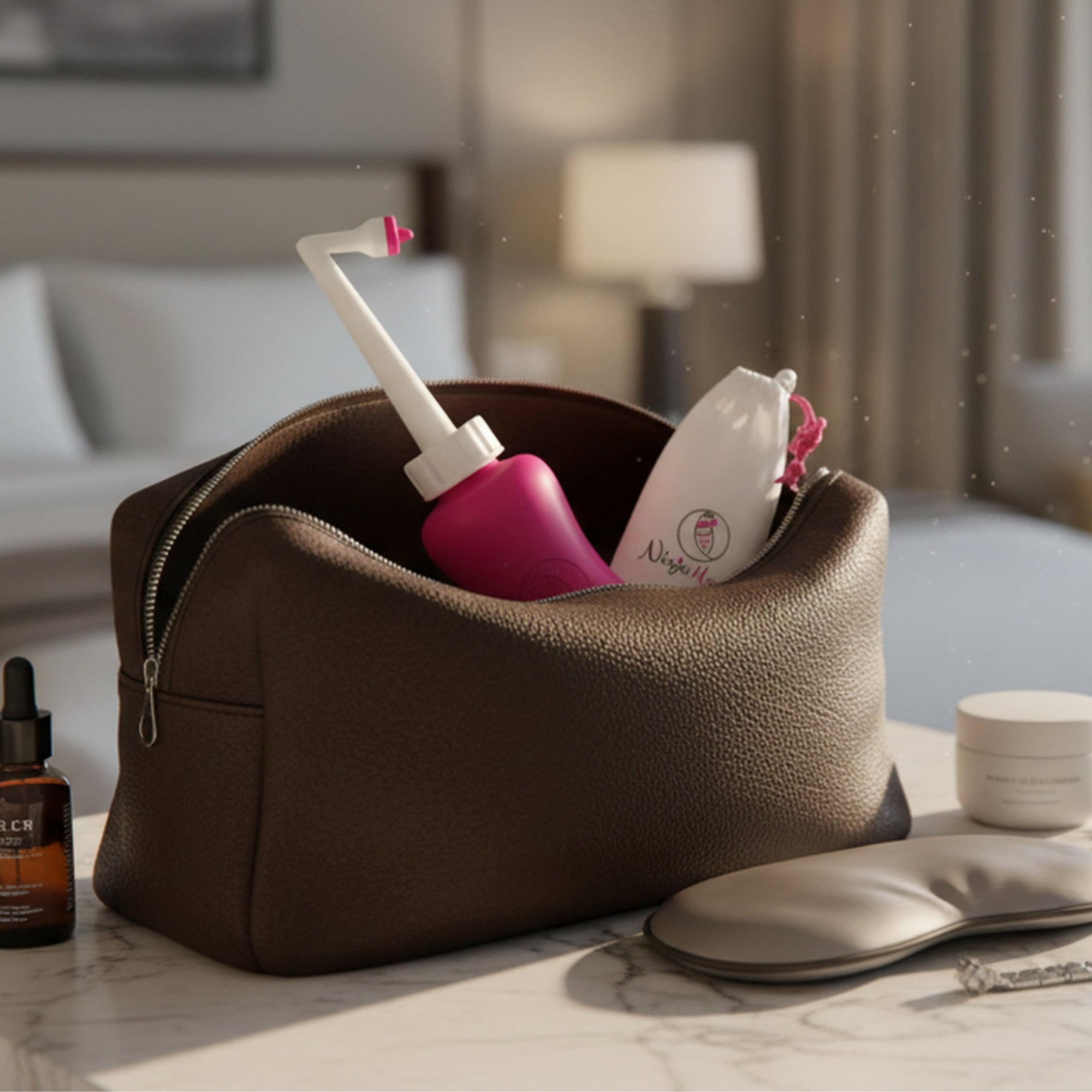 Brown leather toiletry bag with Ninja mama peri bottle products on a marble surface