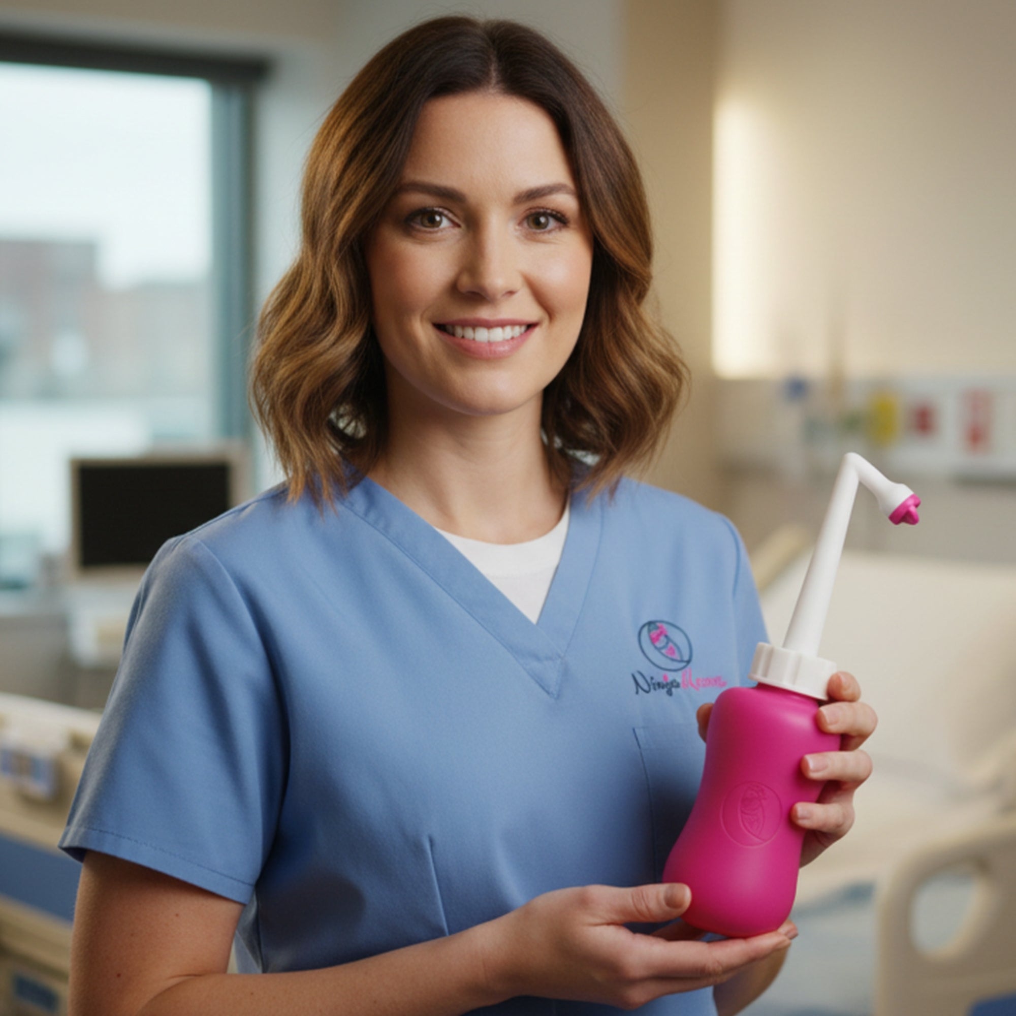 midwife holding a ninja mama peri bottle
