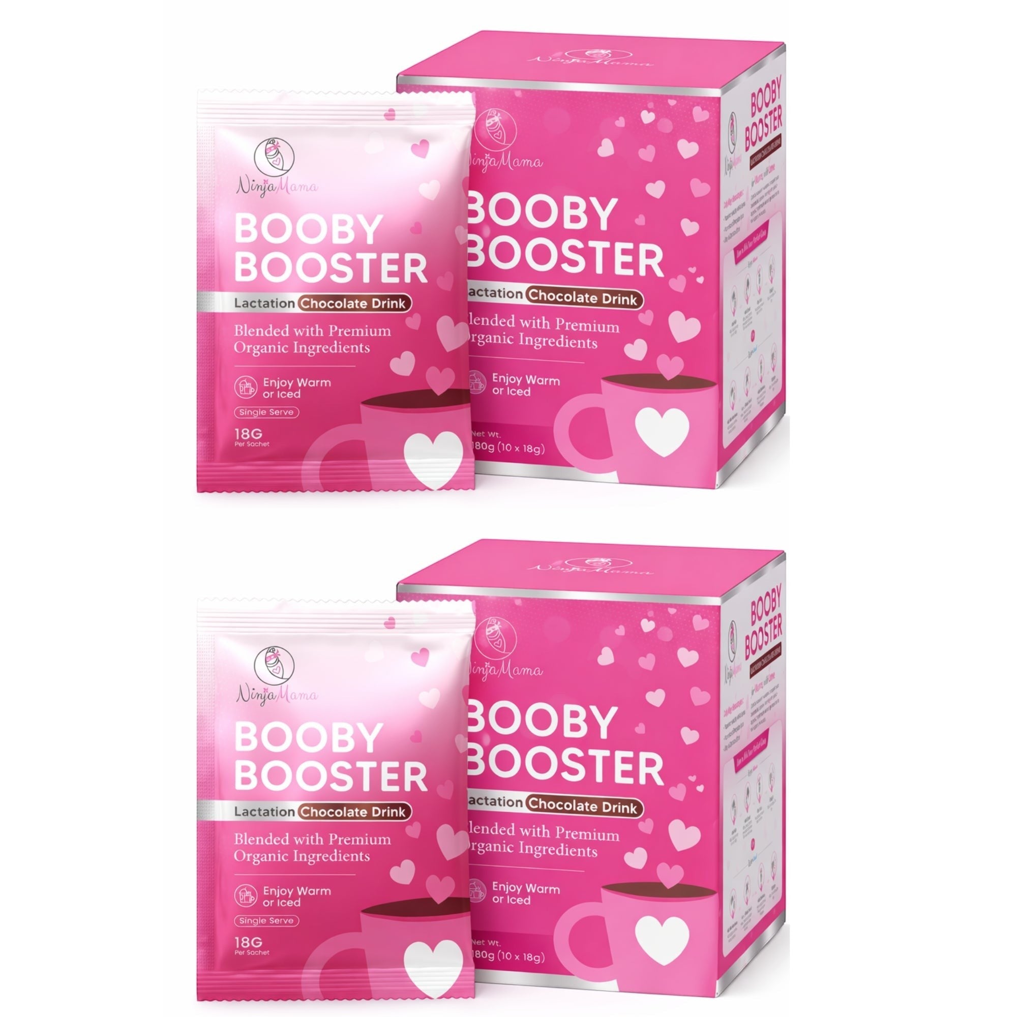 Ninja Mama Booby Booster organic lactation chocolate drink sachets and box, pink with hearts, enjoy hot or iced.