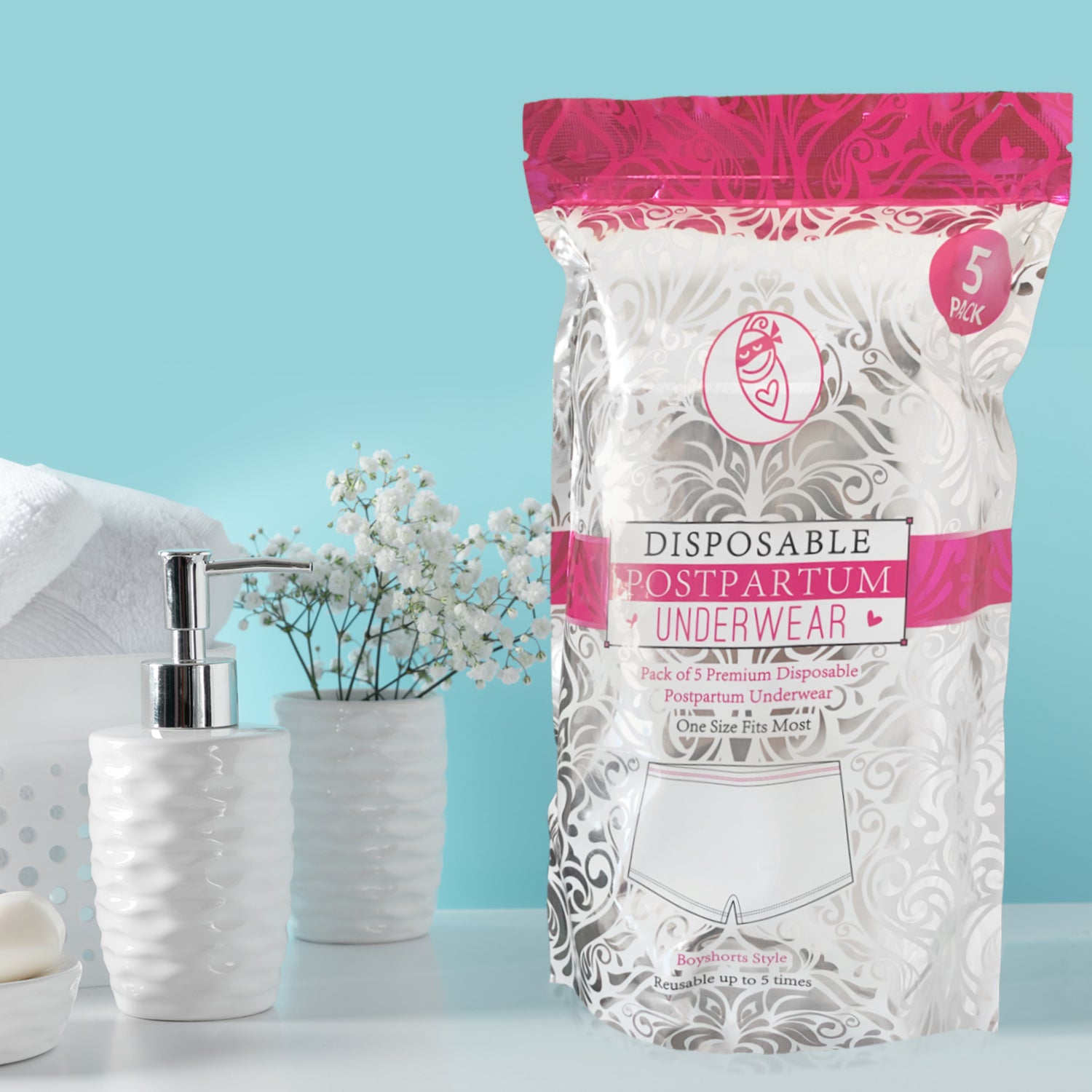 postpartum underwear pack on bathroom shelf