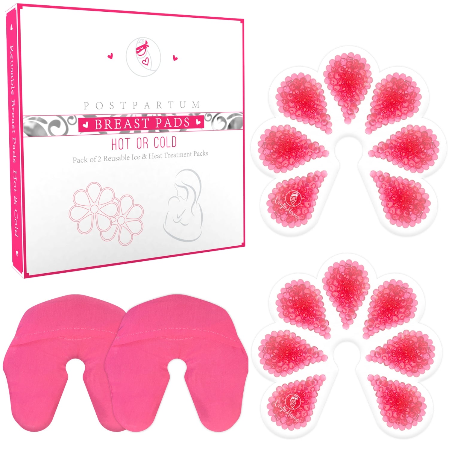 2 breast therapy acks and 2 pink sleeves and packaging