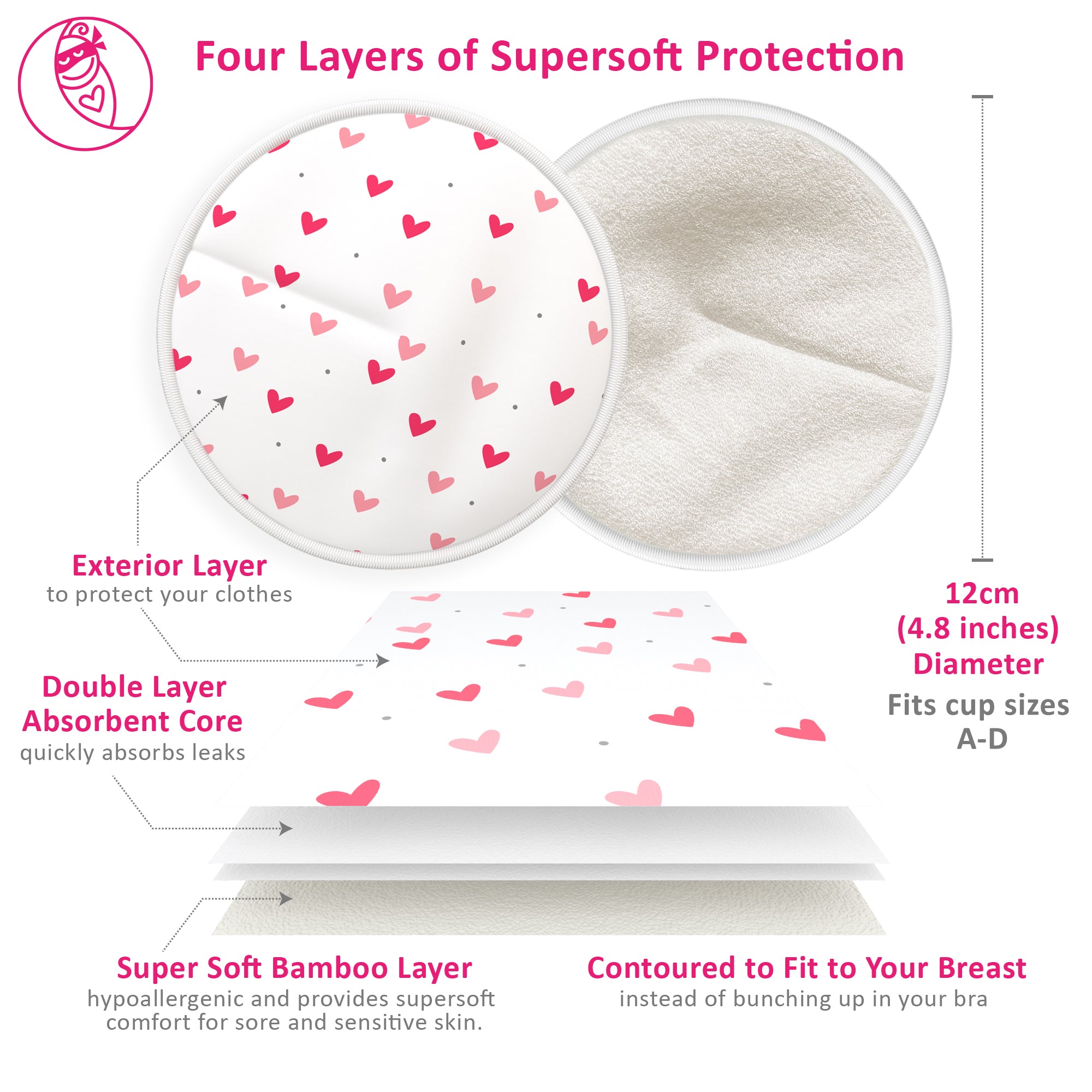 4 layers exterior double layer absorbent core super soft bamboo layer 12cm diameter contoured