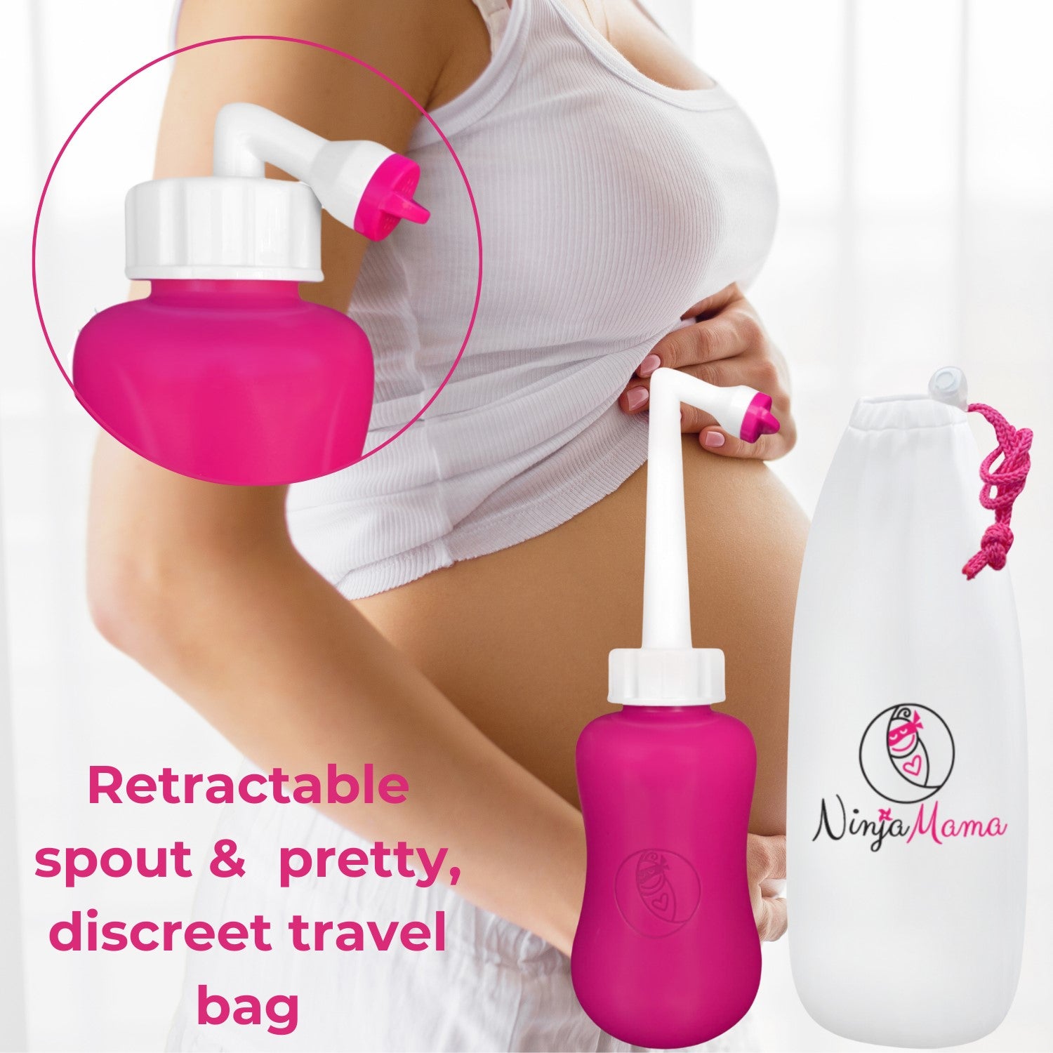 pretty postpartum pink peri bottle wit angled spout retractable spout and discreet travel bag