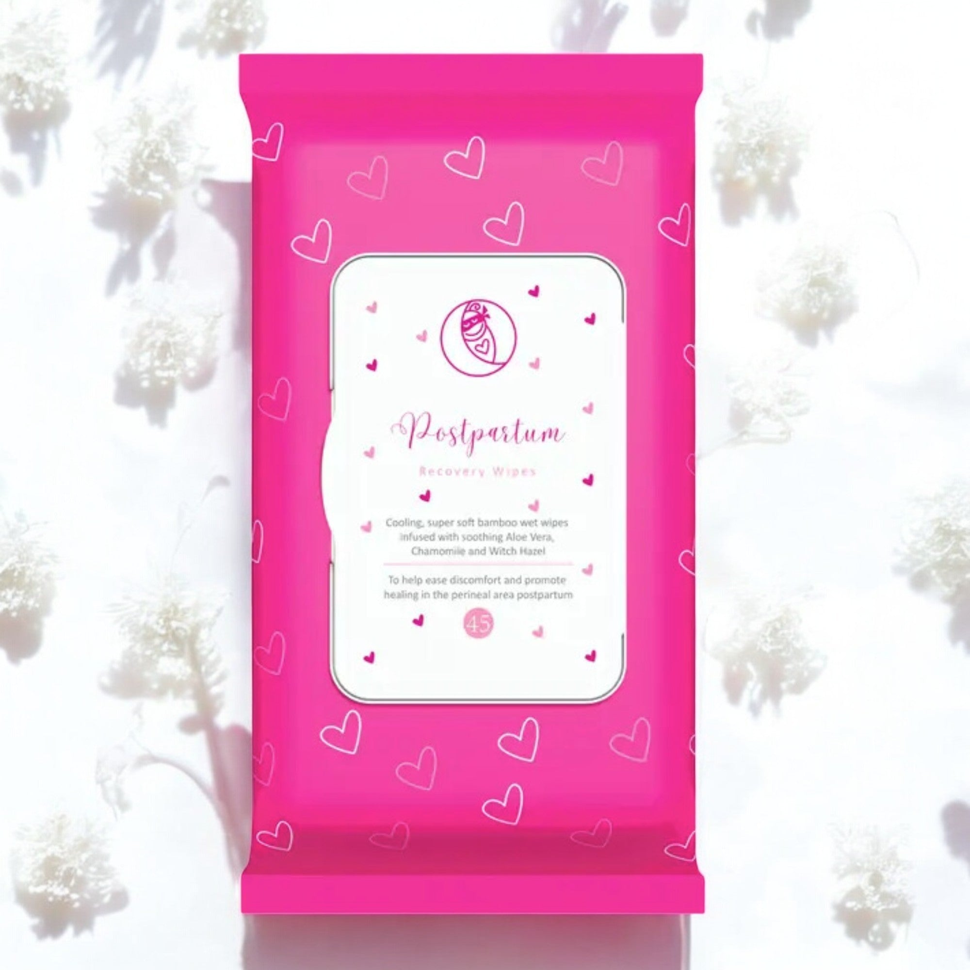 Ninja mama postpartum wipes or pad liners in pretty pink packaging with flowers surrounding