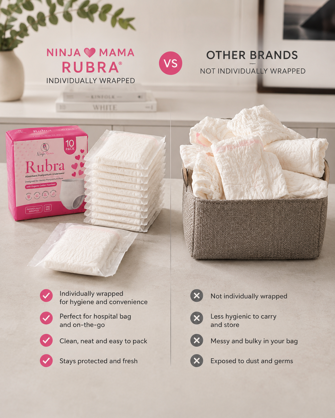 Ninja Mama Rubra individually wrapped pads shown with a pink retail box, a stack of white pads, and a basket of folded pads on a bathroom counter. Text compares Ninja Mama Rubra to other brands, with Ninja Mama Rubra marked as individually wrapped and other brands marked not individually wrapped.