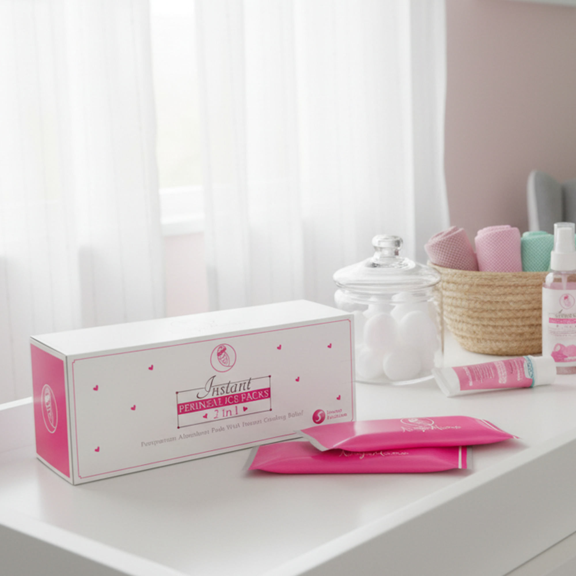Box of 'Instant Perineal Sachets' on a white surface with a neutral background