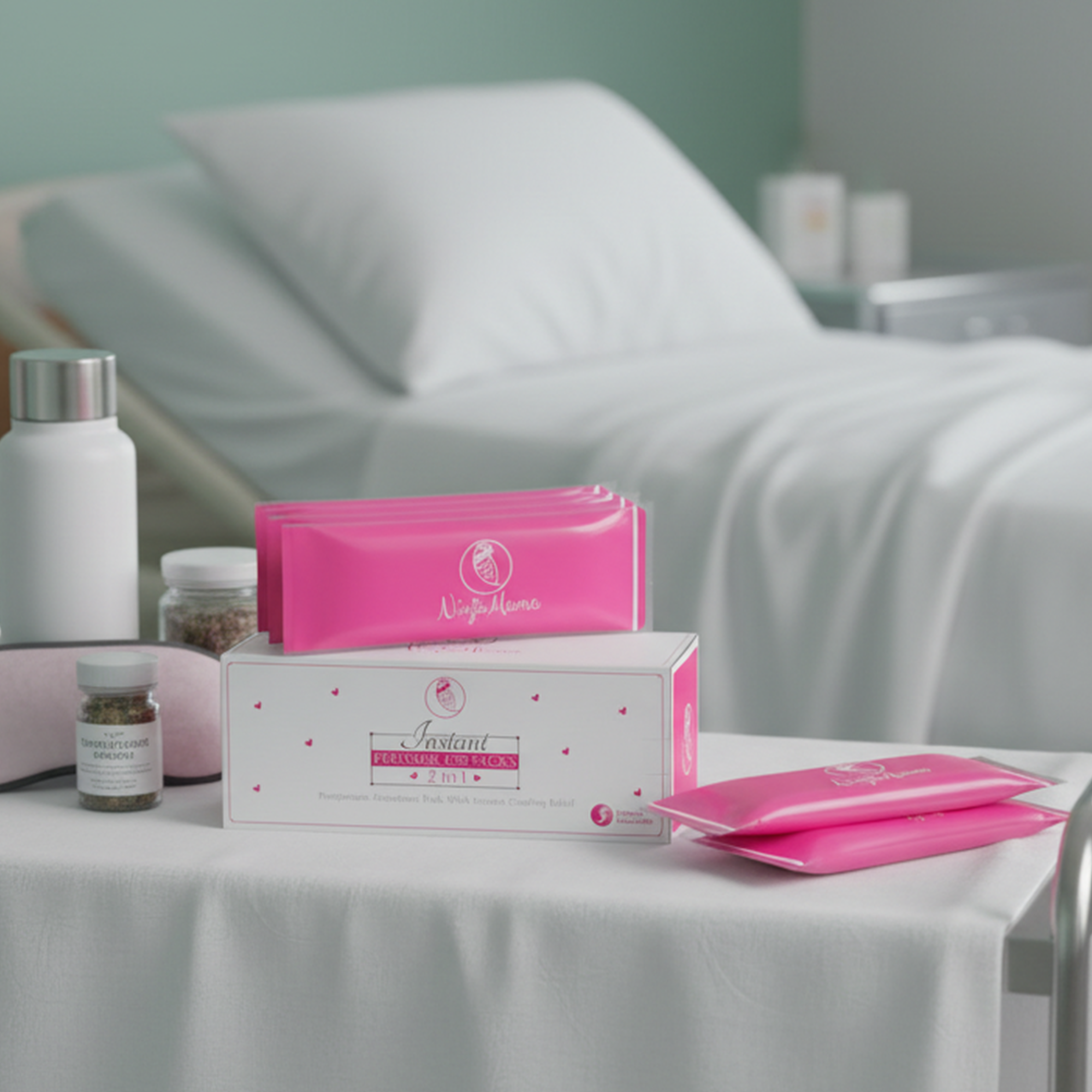 Health and wellness products on a table with a bed in the background