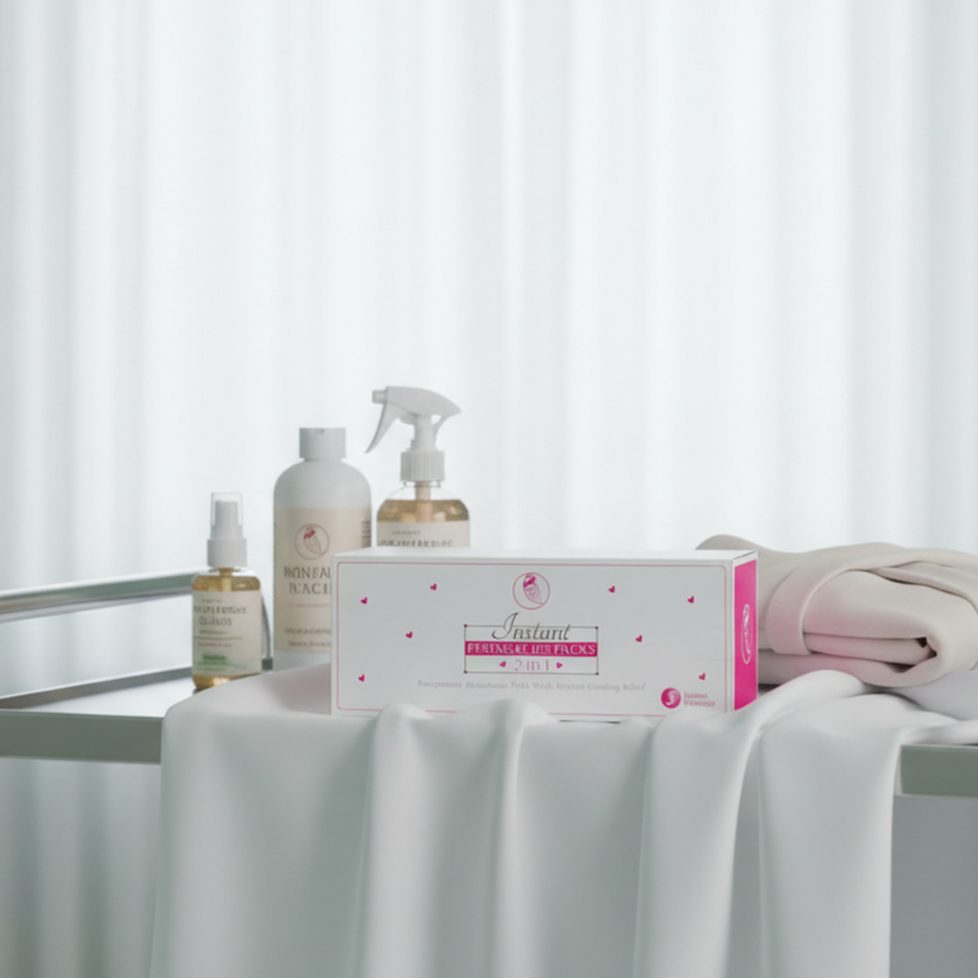 Cosmetic products including bottles and a box on a white surface with a white curtain background