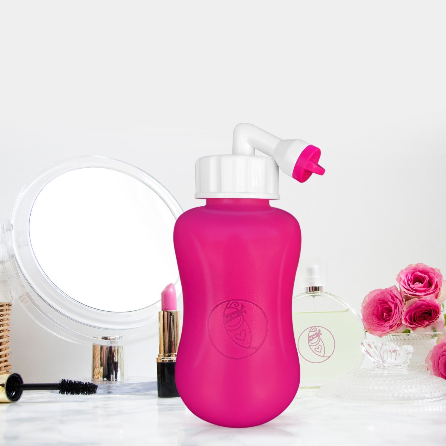 peri bottle with collapsed spout on bathroom counter