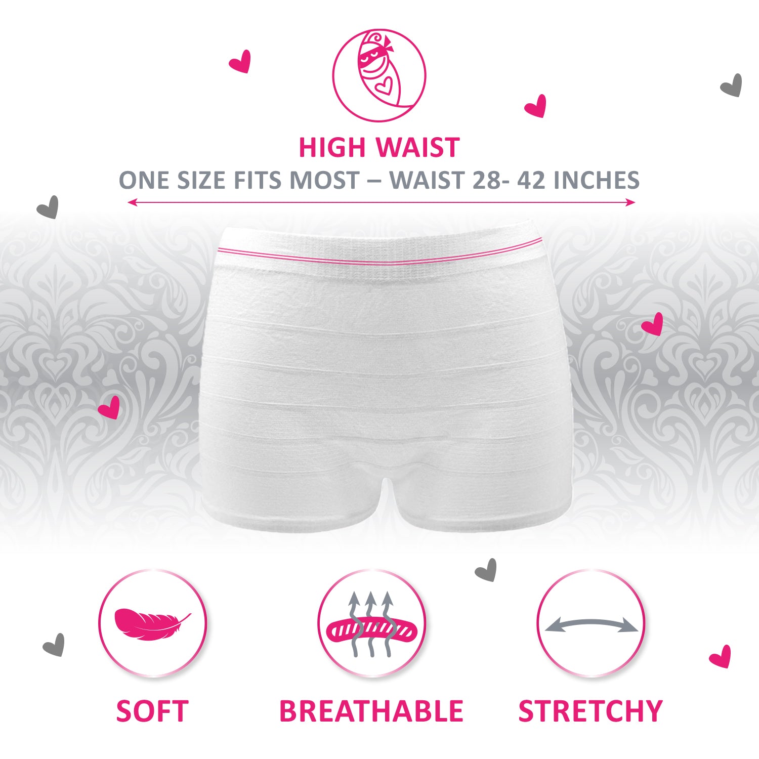 infographic showing benefits stretchy soft and breathable one size fits most