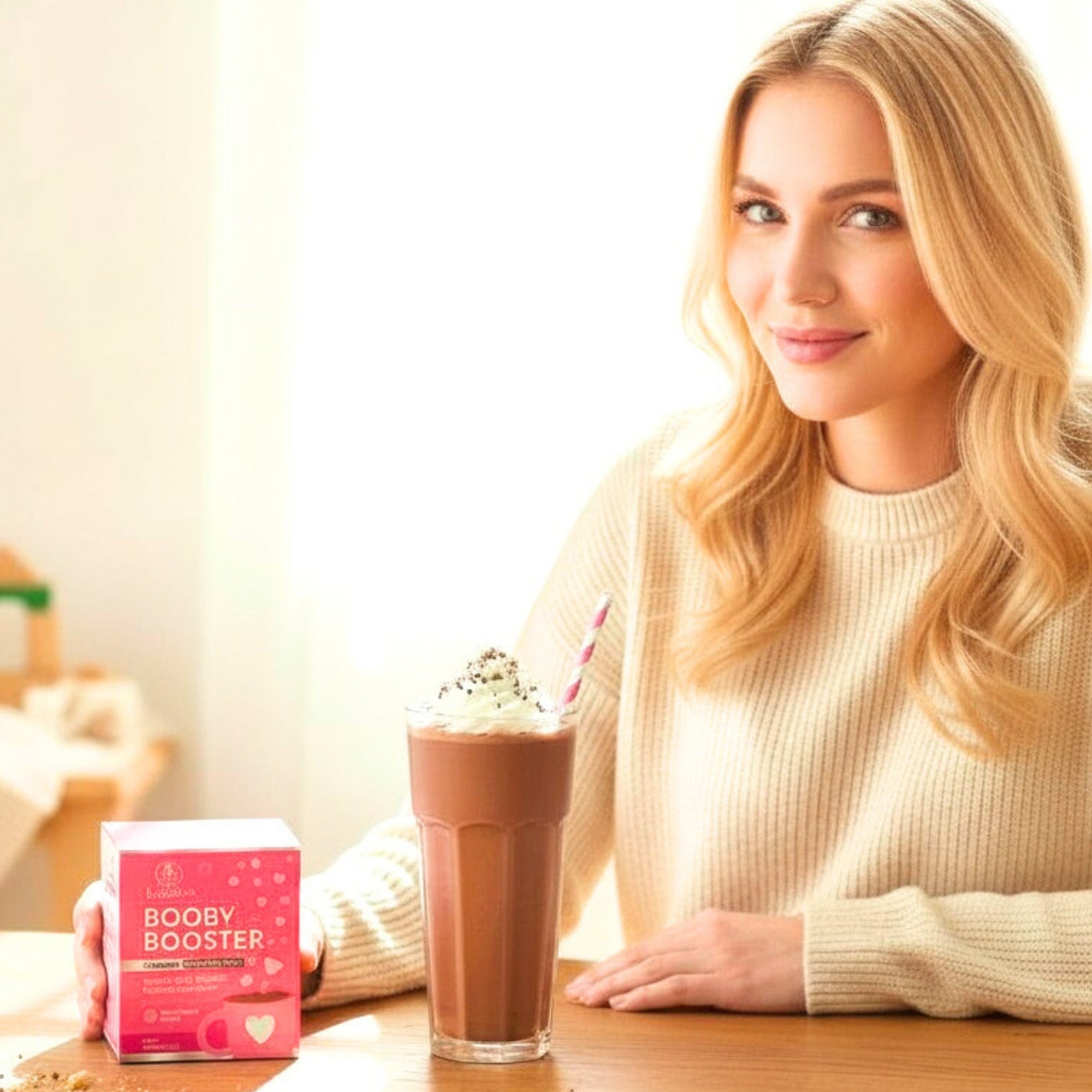 woman_with_booby_booster_lactation_milkshake_and_box_of_sachets